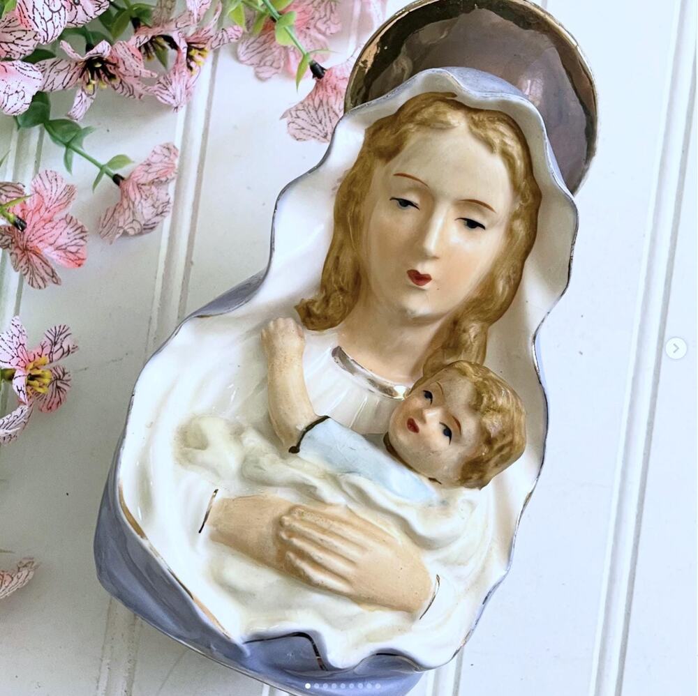Vintage Mary Blessed Mother Baby Jesus Planter Religious Vase Porcelain Ceramic